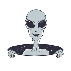 Canvas Print - Smiling alien peeps out from the hole of space