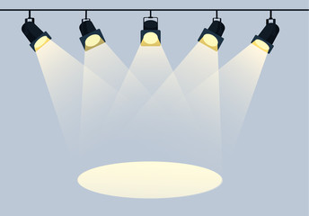 Wall Mural - flat spotlights with bright white light shining stage vector set. illuminated effect form projector,