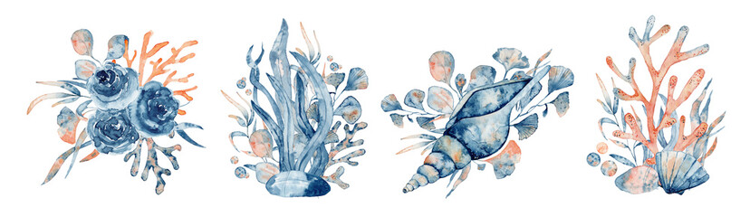 watercolor underwater floral bouquet with corals and shells, hand drawn illustration