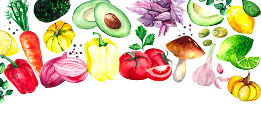 Collection of fresh fruits and vegetables on a white background with space for text. Watercolor. Tomatoes, peppers, avocado, Basil, lime, lemon, onion, garlic, carrots, pumpkin, mushroom, olives.
