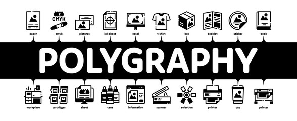 Poster - Polygraphy Printing Service Minimal Infographic Web Banner Vector. Polygraphy And Scanner Equipment And ink, Paper List With Picture And Cup Illustration