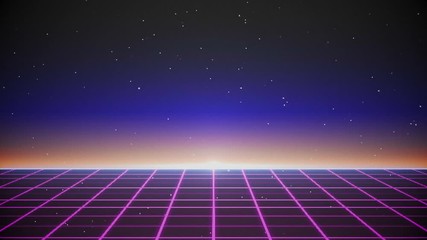 Wall Mural - retro futuristic, flight over the grid, 80s retro sci-fi. abstract space background.