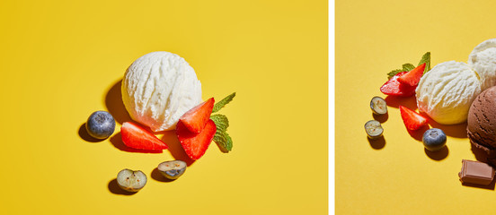 Wall Mural - collage of fresh tasty ice cream ball with mint leaves and berries on yellow background