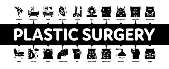 Sticker - Plastic Surgery Clinic Minimal Infographic Web Banner Vector. Scissors And Scalpel Doctor Instrument, Breast And Abdomen Tightening Plastic Surgery Illustration