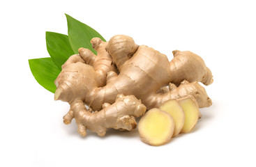 Canvas Print - Close up,Fresh ginger root ,slices and green leaves isolated on white background,For making herbal drinks.