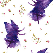 Seamless Pattern With Watercolor Silhouettes Of Dancing Fairies On A White Background.