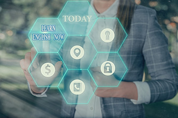 Poster - Text sign showing Learn English Now. Business photo text gain or acquire knowledge and skill of english language