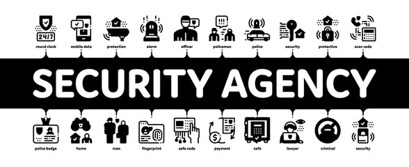 Poster - Security Agency Property Protect Minimal Infographic Web Banner Vector. Security Agency Service Video Monitoring Cctv And Car With Alarm Signal, Safe And Badge Illustration