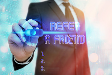Poster - Writing note showing Refer A Friend. Business concept for direct someone to another or send him something like gift