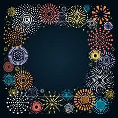 Vector illustration with bright colorful fireworks frame on a dark blue background, space for text. Flat style design. Concept for holiday celebration, greeting card, poster, banner, flyer.