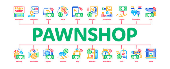Aufkleber - Pawnshop Exchange Minimal Infographic Web Banner Vector. Pawnshop Building And Handshake, Laptop And Phone, Photo Camera And Jewelry Stone Illustration