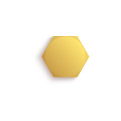 Golden hexagon screw head, yellow metal industrial bolt for construction from top view with realistic matte texture