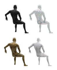 Wall Mural - Set of seated male mannequins in a back view. Set of male mannequin white, black, transparent, gold color. Storefront design for shops. Male body in a sitting pose. 3d illustration.