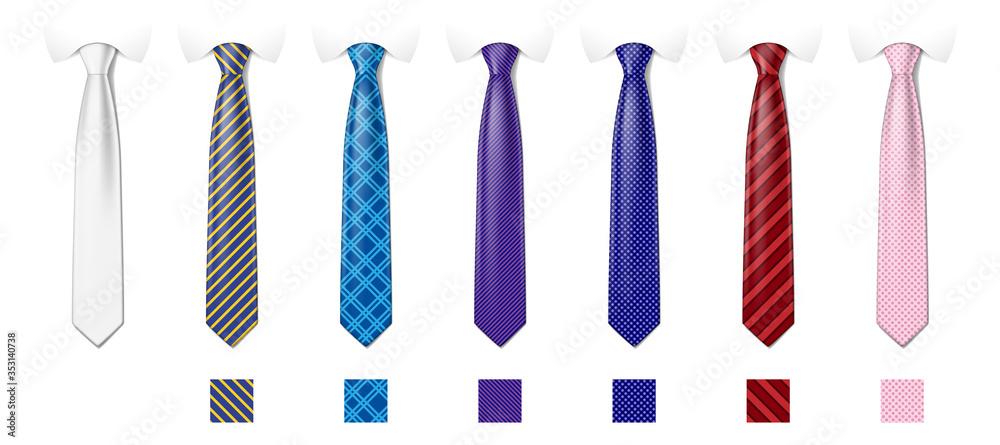 Tie mockup with different fashion pattern. Striped silk neckties templates with textures set. Man colored tie set. Vector illustration - obrazy, fototapety, plakaty 
