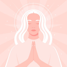 A Young Woman Prays To God. Portrait Of A Girl With Closed Eyes In The Temple. Angel. Vector Flat Illustration