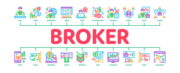 Poster - Broker Advice Business Minimal Infographic Web Banner Vector. Broker Businessman And Consultant, Sell And Buy, Professional Estate Agent Illustration