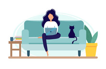 Home Office During Coronavirus Outbreak Concept, Woman Works From Home With Laptop. Vector Illustration In Flat Style. Stay At Home. Self-isolation
