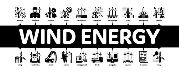 Poster - Wind Energy Technicians Minimal Infographic Web Banner Vector. Repair And Research, Delivery Details Truck And Installing Machine, Energy Industry Illustration