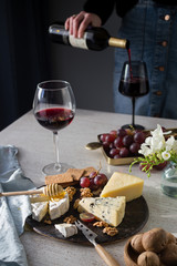 Girl holding bottle of red wine. Delicious cheese mix with walnuts, honey, and grape