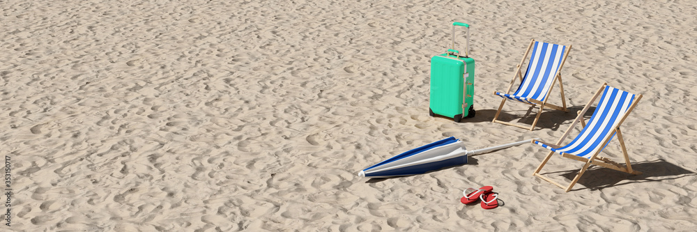 Sommerurlaub Konzept mit Liegestühlen am Strand - obrazy, fototapety, plakaty 