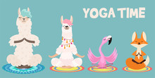 Animal Meditation Set: Llama, Fox And Flamingo. Vector Elements  Can Be Used As Stickers.