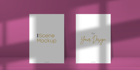 Poster - Scene mockup. Two A4 paper sheet with transparent overlay shadow from the window and jalousie. Abstract realistic scene, 3D stage studio with bussines card or banners. Vector illustration.