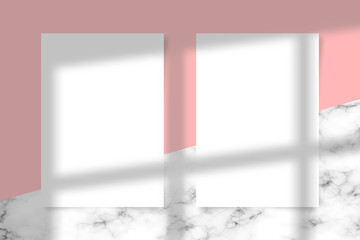 Aufkleber - Two A4 paper sheet with transparent overlay shadow from the window and jalousie. Minimalist scene mockup with pink background and marble texture. Vector.