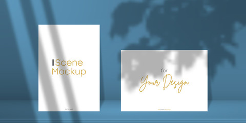 Poster - Scene mockup. Two A4 paper sheet with transparent overlay shadow from window and jalousie, leaves and foliage. Abstract realistic blue scene, 3D stage studio with bussines card or banners. Vector