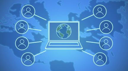 Poster - International communication. Illustration with laptop, virtual community icons and world map on blue background, panorama