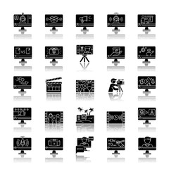 Poster - Video production drop shadow black glyph icons set. Internet blog content. Promotional, informational and entertainment videography. Isolated vector illustrations on white space