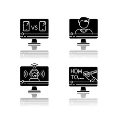 Sticker - Online video watching drop shadow black glyph icons set. Product comparison. Blogger live stream. Internet tutorial. Videography industry. Isolated vector illustrations on white space