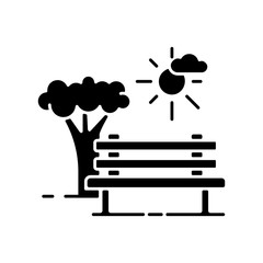 Sticker - Open space black glyph icon. Public park with bench to sit. Urban ground for recreation. Eco friendly place for relaxation. Silhouette symbol on white space. Vector isolated illustration