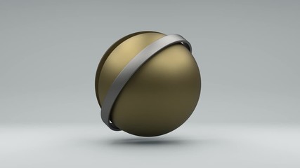 Poster - 3D animation of a Golden, cut sphere and a silver ring in motion. Minimalistic design, abstract geometry on a white background with shadows and noise on the texture. 4K animation.