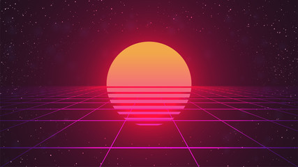 Wall Mural - retro futuristic background with sun. pink perspective grid. dark backdrop with stars. 80s computer 
