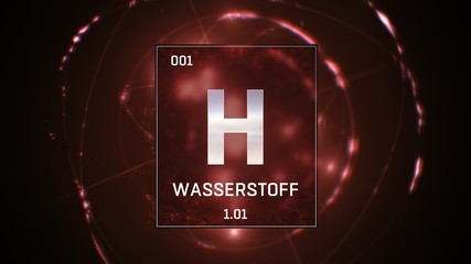 Wall Mural - 3D illustration of Hydrogen as Element 1 of the Periodic Table. Red illuminated atom design background orbiting electrons name atomic weight and element number in German language