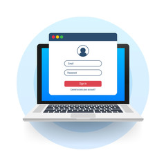 Poster - Sign in to account, user authorization, login authentication page concept. Laptop with login and password form page on screen. Vector stock illustration.