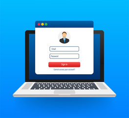 Poster - Sign in to account, user authorization, login authentication page concept. Laptop with login and password form page on screen. Vector stock illustration.
