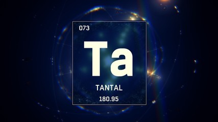 Poster - 3D illustration of Tantalum as Element 73 of the Periodic Table. Blue illuminated atom design background with orbiting electrons name atomic weight element number in German language