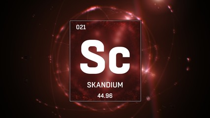 Wall Mural - 3D illustration of Scandium as Element 21 of the Periodic Table. Red illuminated atom design background orbiting electrons name, atomic weight element number in German language