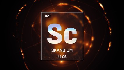 Poster - 3D illustration of Scandium as Element 21 of the Periodic Table. Orange illuminated atom design background orbiting electrons name, atomic weight element number in German language