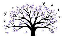 Vector Illustration Of A Purple Tree Birds Butterflies
