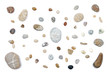 Mix of rounded multicolor textured stones. Isolated on white background flat lay