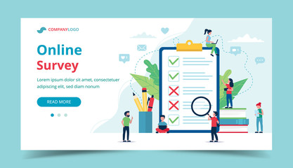 Wall Mural - survey online of customer satisfaction. big paper with ticks and crosses. small people characters. v