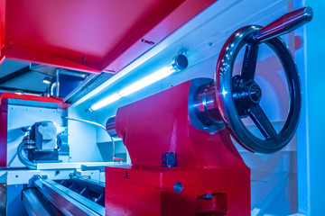 Poster - lathe close up. crane on a lathe. equipment for heavy industry. metal processing. machine for proces