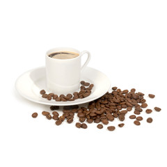 Cup of fresh hot espresso with froth and saucer and decoration of roasted beans, isolated on white background with object shadow. 