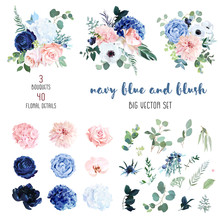 Classic Navy Blue, White, Blush Pink Rose, Hydrangea, Ranunculus, Orchid
