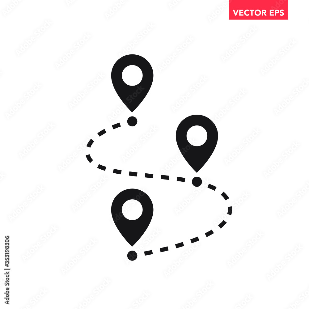 Black single path with 3 location pins icon, simple tracking flat ...