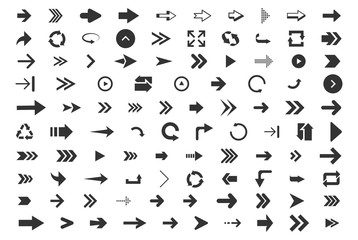 Poster - Arrows set of 100 black icons isolated on white background. Arrow icon. Arrow vector collection. Arrow. Cursor. Modern simple arrows. Vector illustration.