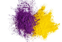 Abstract Background Of Purple And Yellow Dry Powder Paints. Copy Space In A Center.