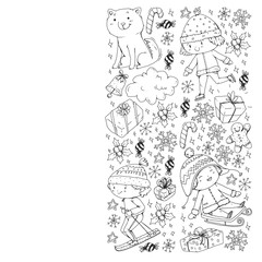  Coloring page with Christmas pattern for little children. Kids play and have fun during winter vacations.